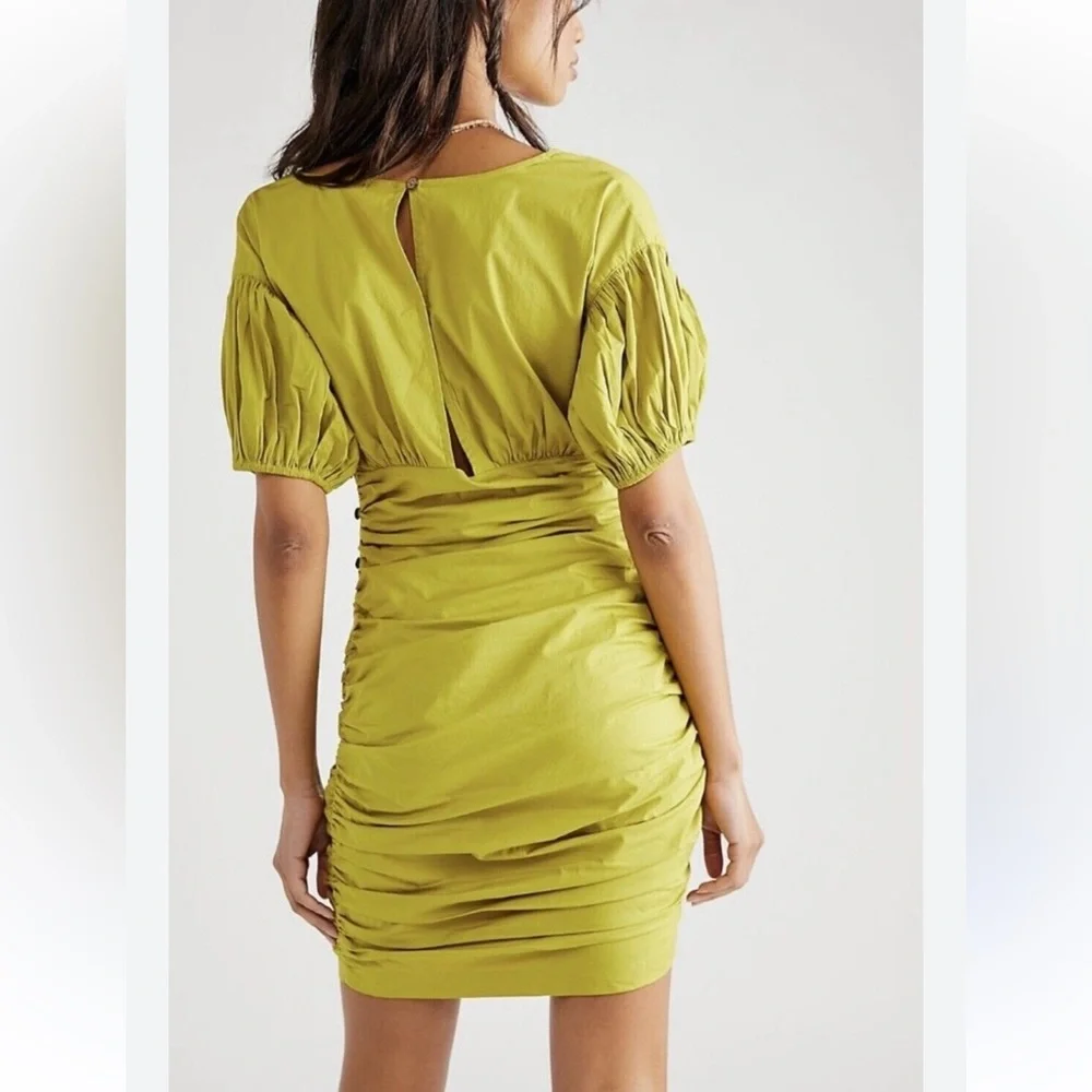 Free People Tastemaker Mini Buttondown V Neck Ruched Puff Sleeve Dress